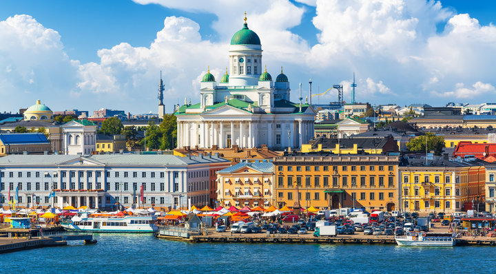 Scenic summer panorama of the Market Square (Kauppatori) at the Old Town pier in Helsinki, Finland